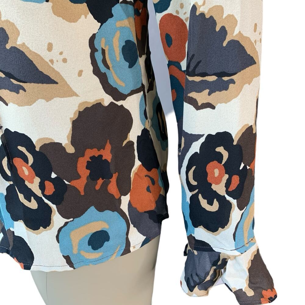 i.e. 100% Silk Floral Ruffled Long Sleeve Chiffon Tops Blouse Size L Multicolor - Picture 9 of 16